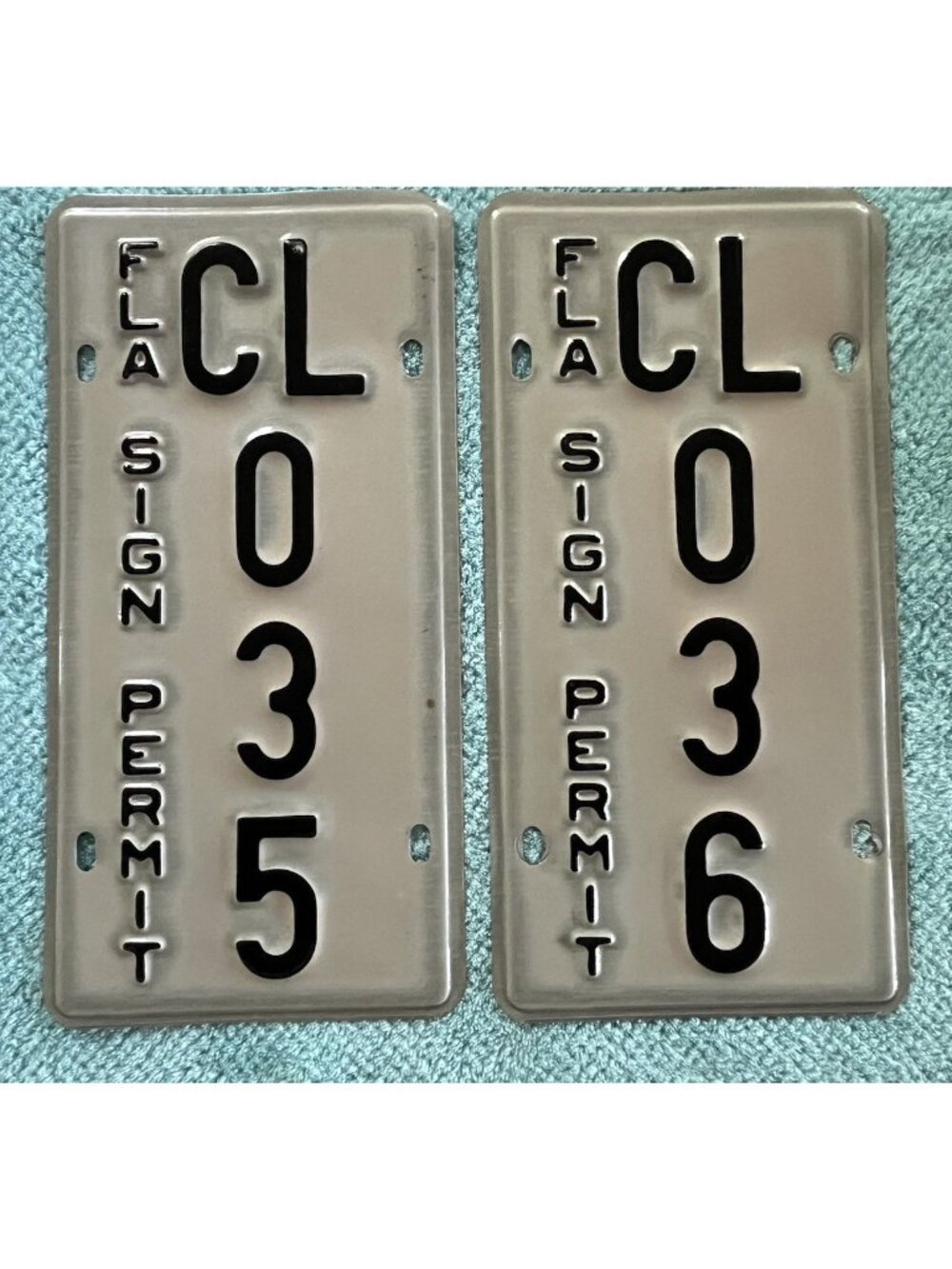 2 Florida Sign Permit License Plate Tags #  CL 035 & 036 Vtg FLA not FL Order